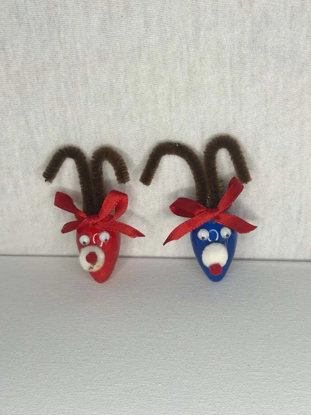 Vintage Handmade Lightbulb Reindeer Christmas Ornaments Pair